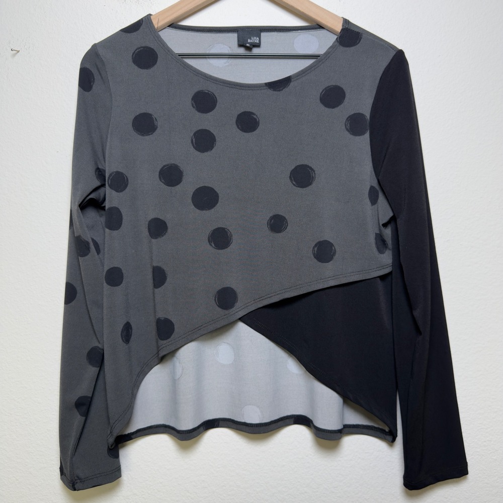 Lisa Bayne Women Top S Gray Polka Dot Asymmetrical Hem Long Sleeve Colorblock